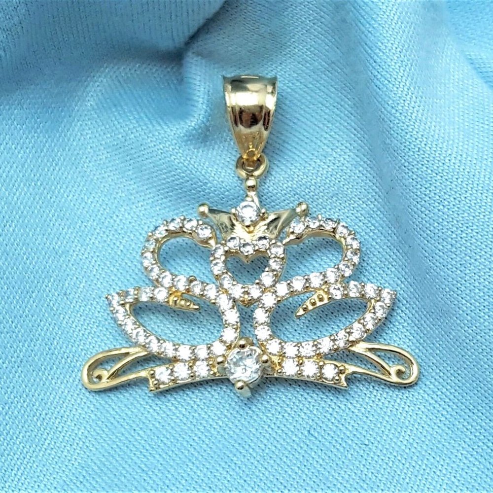 Beautiful 14K Solid Yellow Gold Cubic Zirconias Tiara Crown Heart Charm Pendant